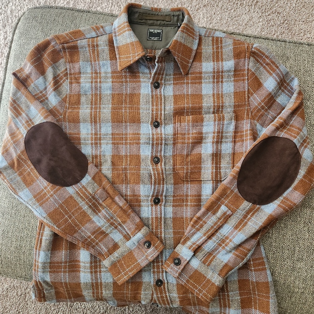 Todd Snyder Light Blue Brown Plaid Wool Shirt Jacket